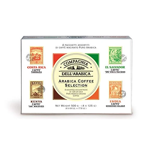 Offerta a tempo: Caffè Corsini - Caffè Macinato Selezione Arabica Kenya, Costarica, India, El Salvador, Cofanetto Regalo, 4 x 125g - 15% da 15.49 € a 13.17 €