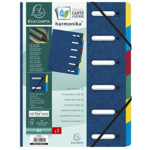 Offre limitée : Exacompta - Réf. 55062E - 1 trieur HARMONIKA - avec élastiques et fenêtres découpées - couverture en carte lustrée - dos extensible - 6 compartiments - pour A4 - dim 24,5 x 32 cm - couleur bleu de 14.00 € à 8.49 € (39% de remise)