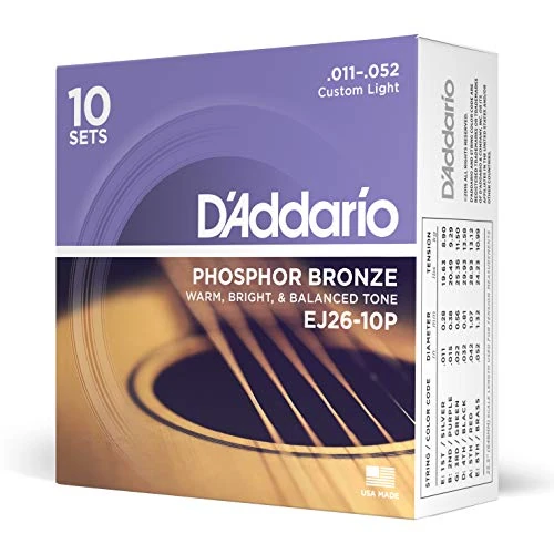 D'Addario EJ26-10P Phosphorbronze-Saiten für Akustikgitarren, Custom Light, 11-52, 10 Sets