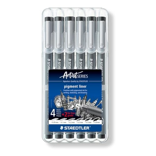 Offre limitee: Staedtler Pigment Liner, Feutres de dessin à encre pigmentée noire infalsifiable, Étui chevalet avec 6 feutres assortis 0.05/0.1/0.2/0.3/0.5/0.8 mm, 308 SB6P de 13.60 EUR a 13.60 EUR (economie 0%)
