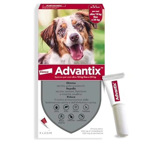 Offre limitée : Advantix Chien Moyen entre 10 et 25 kg – Pipettes pour chien contre 6 parasites – Traitement et protection pour votre animal pendant 4 semaines – 4 x 2,5 ml de 26.15 EUR à 22.49 EUR (remise 14%)