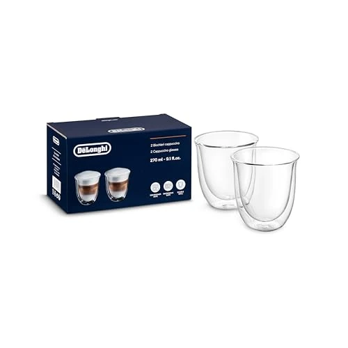 De'Longhi Tazas Juego de 2 Vasos Premium para Cappuccino, Apto para lavavajillas, Pared Doble Vidrio Templado, 2 Unidad (Paquete de 1), 2