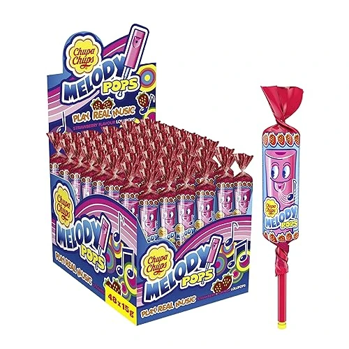 Offerta a tempo: Chupa Chups Melody Pops, Lollipop Fischietto, Gusto Fragola, Confezione da 48 Lecca Lecca Monoporzioni, Ideale per ogni Occasione, da Condividere con Amici o da portare sempre con te - 26% da 25.45 € a 18.89 €