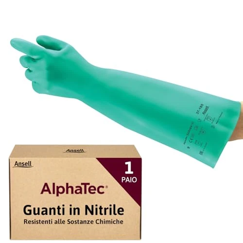 Limited-time offer: Ansell AlphaTec 37-185 Chemical-Resistant Nitrile Gloves, Liquid and Splash Protection, Food-Handling, Silicone and Latex-Free Work Glove, Waterproof, Reusable, Green, Size XL (1 Pair) from 9.99 £ to 8.39 £ (save 16%)