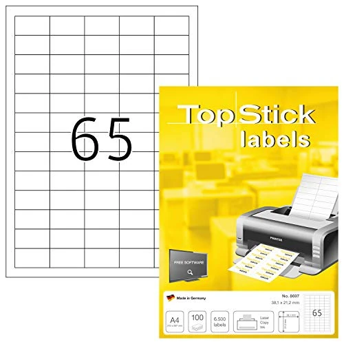 TopStick 8697 Uniwersalne etykiety, 100 arkuszy, 38,1 x 21,2 mm, 65 na arkusz A4, 6500 sztuk, samoprzylepne, nadają się do zadrukowania, matowe, nieprzezroczyste naklejki samoprzylepne, białe
