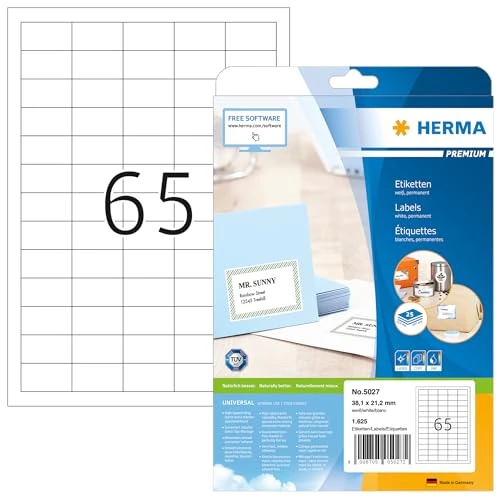 Limitiertes Angebot: HERMA 5027 Universal Etiketten, 25 Blatt, 38,1 x 21,2 mm, 65 pro A4 Bogen, 1625 Stück, selbstklebend, bedruckbar, matt, blanko Papier Klebeetiketten Aufkleber, weiß von 16.91 EUR auf 12.11 EUR (Spare 28%)