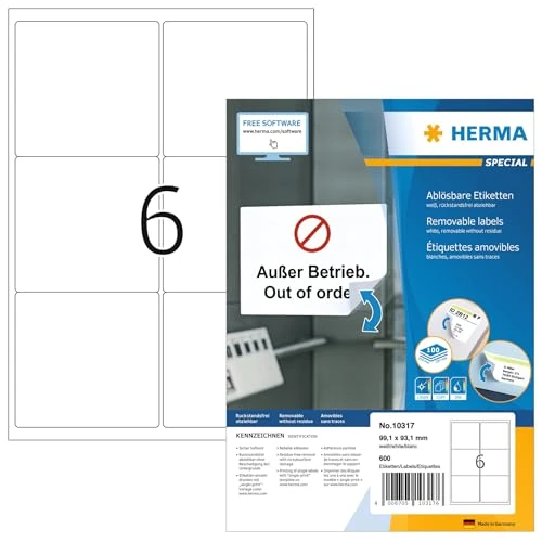 Zeitlich begrenztes Angebot: HERMA 10317 Universal Etiketten blickdicht ablösbar, 100 Blatt, 99,1 x 93,1 mm, 6 pro A4 Bogen, 600 Stück, selbstklebend, bedruckbar, matt, blanko Papier Klebeetiketten Aufkleber, weiß von 31.64 € auf 31.64 € (0.00% Rabatt)