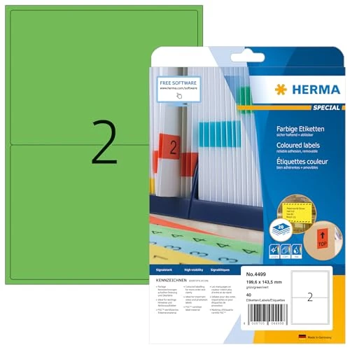 Tijdelijke aanbieding: HERMA 4499 Gekleurde etiketten A4 afneembaar (199,6 x 143,5 mm, 20 vellen, papier, mat) zelfklevend, bedrukbaar, verwijderbaar en opnieuw klevende kleurenlabels, 40 etiketten voor printer, groen van 17.69 € naar 17.69 € (0.00% korti