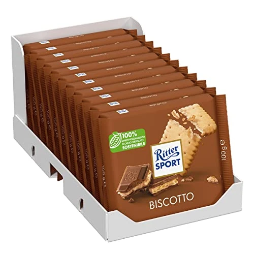 Offerta a tempo: RITTER SPORT Biscotto, Tavoletta Cioccolato Al Latte Ripiena Con Crema Al Cacao e Biscotto Al Burro, Cacao 100% Certificato Sostenibile, 11 Pezzi da 100 g - 30% da 24.87 € a 17.49 €