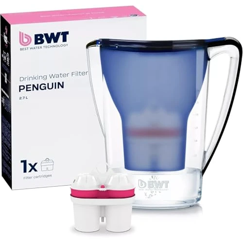 BWT PENGUIN filtro per acqua con 1 cartuccia al magnesio | depuratore acqua domestico per cibo e bevande | riduce calcare, cloro, piombo, rame | caraffa bwt compatta e elegante