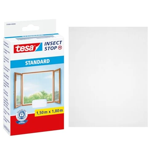 tesa Insect Stop Standard Fliegengitter für Fenster - Insektenschutz zuschneidbar - Mückenschutz ohne Bohren - 1 x Fliegen Netz - 150 cm x 180 cm - Weiß