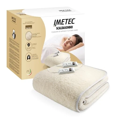 Imetec Scaldasonno doble 150 x 160 cm, 50% lana merina, 2 temperaturas, dispositivo de seguridad Electro Block, fabricado en Italia