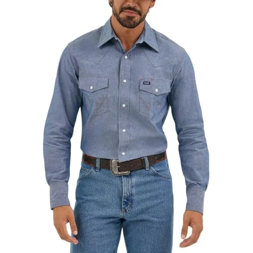 Offerta a tempo: Wrangler Camicia a Maniche Lunghe, da Uomo, per Lavoro, in Stile Cowboy del West, Kaki Medium Blue Chambray Medium - 0% da 30.57 € a 30.57 €