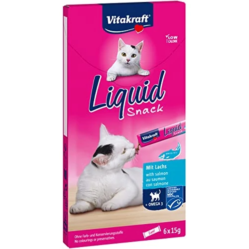 Vitakraft Liquid Snack, snack gatto liquidi, con salmone MSC, leccornia per cani, con acidi grassi omega 3, per una pelle sana, a ridotto contenuto calorico (1 confezione con 6x 85g)