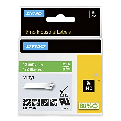 Offerta a tempo: DYMO Rhino Etichette in vinile industriale | 12 mm x 5,5 m | Stampa bianca su verde | Autoadesive | per stampanti di etichette Rhino e LabelManager - 0.00% da 30.92 € a 30.92 €