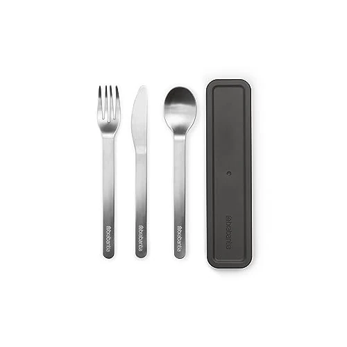Limited-time offer: Brabantia - Make & Take Cutlery Set with Case - Set of 3: Knife, Spoon, & Fork - Hygienic Compact Design - Stainless Steel - Dishwasher Safe - Travel Cutlery Set for 1 Person - Dark Grey from 9.95 GBP to 7.19 GBP (save 28%)