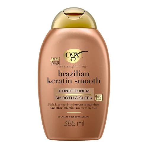 OGX Ever Straightening with Brazilian Keratin Smooth Conditioner, Smooth & Sleek, Makes Hair Smoother After the First Use, for Shiny Hair, Sulfate Free, 385ml