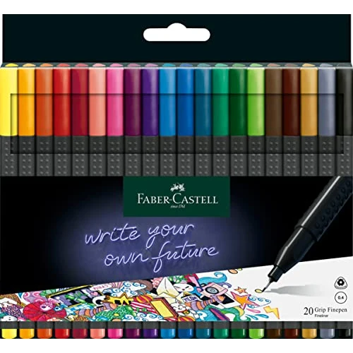 Faber-Castell 151620 - Caja de 20 Rotuladores Punta Fina, Marcadores Finos de 0,4 mm con Agarre Ergonómic para Dibujar y Colorear, Rotuladores para Adultos y Niños de Colores Vibrantes