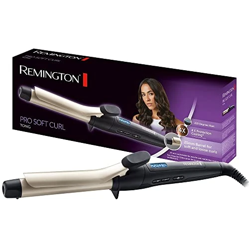Remington Rizador de Pelo Pro Soft Curl, Ondulador de Pelo con Pinza de 25 mm, Rizos Suaves y Sueltos, Cerámica Anti-estática, Turmalina, Iónico, 10 Temperaturas hasta 220°C, Punta Fría, CI6325