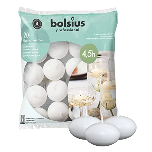 Limited offer: Bolsius White Floating Candles 1.75 Inch, 20 Pack Candle Set – 4,5 Hours Burn Time – Premium European Quality – Smokeless & Dripless Smooth Flame – 100% Cotton Wick – Beach, Wedding, & Party Accessory from 14.99 USD to 14.99 USD (save 0%)
