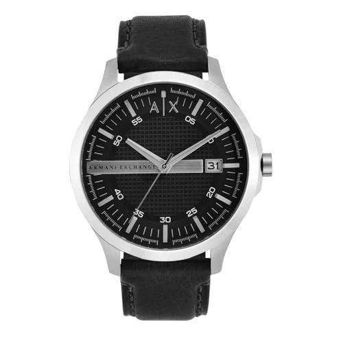 Armani Exchange Orologio da uomo, Movimento al quarzo con data a tre lancette e cassa da 46 mm con cinturino in pelle, Nero e grigio