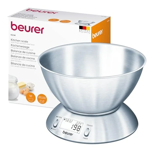 Beurer KS 54 báscula de cocina, con cuenco de acero inoxidable, capacidad de 1,5 l, capacidad de carga hasta 5 kg, báscula doméstica, cuenco apto para lavavajillas, báscula para cocinar