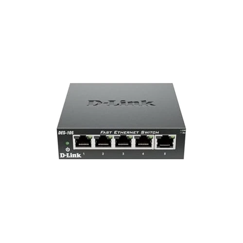 D-Link DES-105 – Switch de red con 5 puertos LAN Fast Ethernet 10/100 Mbps RJ-45, no gestionable Layer 2, carcasa metálica, color negro