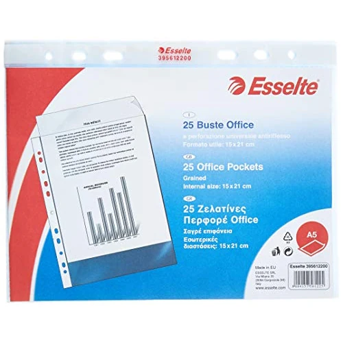 Offerta a tempo: Esselte Buste Perforate Office, in PPL Antiriflesso, per Archiviare e Conservare Documenti in Formato A5, Confezione da 25 Buste, 395612200 - 53% da 8.51 € a 3.99 €