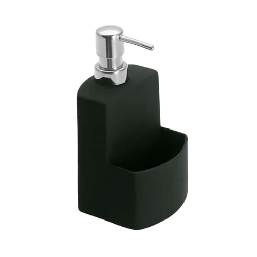 WENKO Distributeur de Liquide Vaisselle Festival, Distributeur de Savon, céramique Haut de Gamme avec Surface Douce au Toucher, avec Compartiment pour éponge, contenance 380 ML, 10 x 18 x 10 cm, Noir