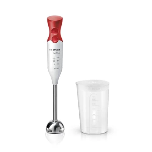 Offerta a tempo: Bosch Frullatore a Immersione MSM64110, 450 W, Impugnatura Ergonomica, Piede in Acciaio Inox, Lama a 4 ali Acciaio Inox, Due Livelli di Velocità, Pratico Bicchiere Graduato Incluso, Bianco, Rosso - 71% da 59.90 € a 17.53 €