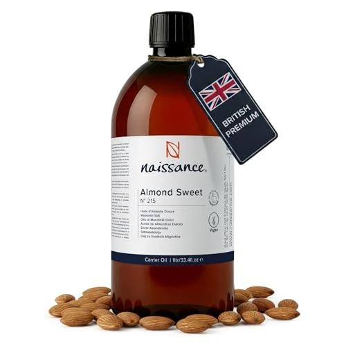 Offerta a tempo: Naissance Olio di Mandorle Dolci Naturale (No. 215) - 1 Litro - Vegan, senza OGM - Ideale per l’Aromaterapia, Massagio - Idratante Per Corpo, Viso, Labbra, Capelli, Pelle, Barba e Cuticole - 0.00% da 14.99 € a 14.99 €