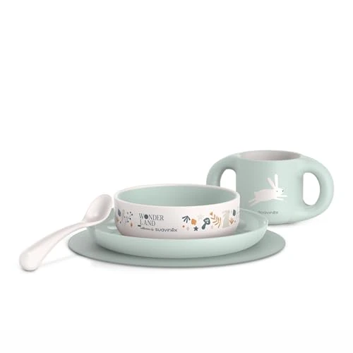 Suavinex, Vajilla para Bebés, de Aprendizaje, +6 Meses, Irrompible, Vajilla Infantil Apta Para Lavavajillas y Microondas. Incluye: Taza + Plato + Bol + Mantel Antideslizante + Cuchara. Blanco Verde