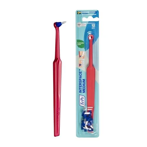 Brosse à dents TePe Interspace, Medium, 1 manche, 12 têtes de brosse, nettoyage précis des zones difficiles d’accès, comme les furcations, les implants et les appareils dentaires.