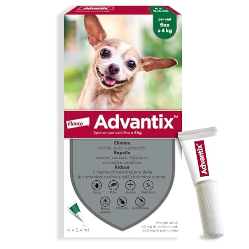 Offerta a tempo: Advantix® Spot-on antiparassitario per Cani fino a 4 Kg, 4 pipette da 0.4 ml. Elimina zecche, pulci, pidocchi e larve di pulce in casa. Protegge da zanzare, pappataci e rischio di leishmaniosi. - 45% da 39.90 € a 21.99 €