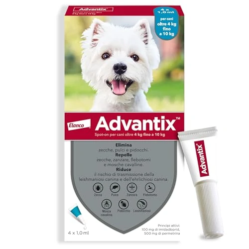Offerta a tempo: Advantix® Spot-on antiparassitario per Cani da 4 Kg fino a 10 Kg, 4 pipette da 1 ml. Elimina zecche, pulci, pidocchi in casa. Protegge da zanzare, pappataci e rischio di leishmaniosi. - 40% da 40.80 € a 24.60 €