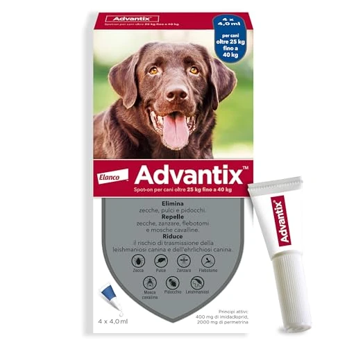 Offerta a tempo: Advantix® Spot-on antiparassitario per Cani da 25 kg a 40 Kg, 4 pipette da 4,0 ml. Elimina zecche, pulci, pidocchi in casa. Protegge da zanzare, pappataci e rischio di leishmaniosi. - 0% da 23.49 € a 23.49 €