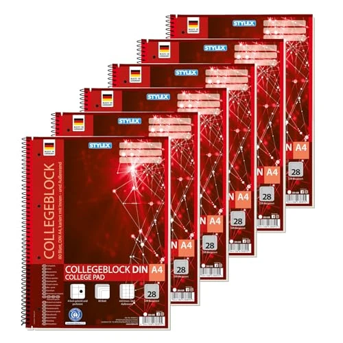 Stylex 43889-P6 - Quaderno universitario con rilegatura a spirale, quadrato, DIN A4, 80 fogli con grammatura 60 g/m², 6 pezzi