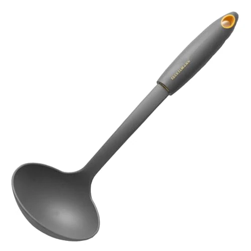 Fackelmann Schöpflöffel 30 cm SOFT, Küchenhelfer mit Funktionsteil aus Kunststoff, Schöpfkelle für beschichtete Töpfe und Pfannen (Farbe: Orange/Grau), Menge: 1 Stück