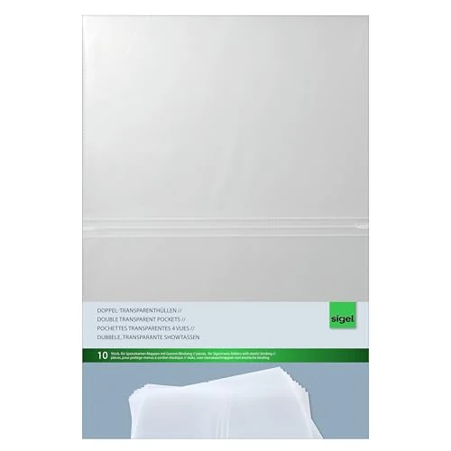 SIGEL SM180 Doppel-Transparenthüllen für A4 Speisekarten-Mappen für Gummibindung, 10 Stück, strapazierfähig und leicht abwischbar