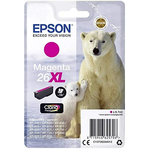 Begrenztes Angebot: Epson Original 26XL Tinte Eisbär (XP-600, XP-700, XP-800, XP-510, XP-710, XP-615, XP-610, XP-810, XP-720, XP-820, XP-520, XP-620, XP-625), magenta von 24.98 EUR auf 13.99 EUR (Rabatt 44%)