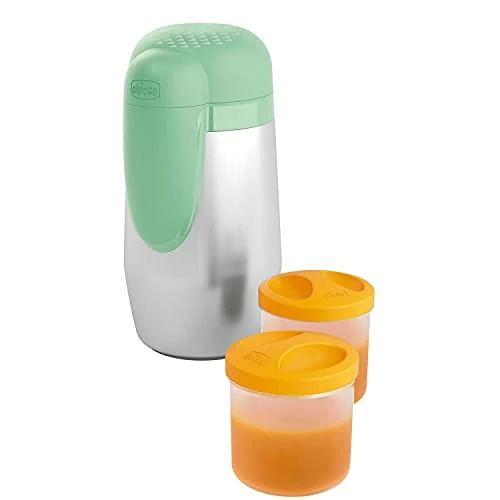 Chicco Thermobehälter, Termobecher für Essen, Brei und Babynahrung, Babyflasche aus Edelstahl mit 2 Behältern, Thermosflasche für Speisen u. Getränke, hält Temperatur bis 5 Std., Isolierflasche, 0+ M