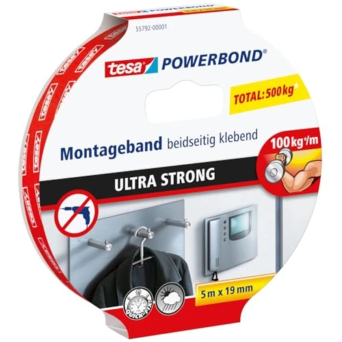 Offerta a tempo: tesa Powerbond Ultrastrong Nastro Biadesivo per Fissaggio, 5m x 19mm, Standard - 51% da 18.90 € a 9.30 €
