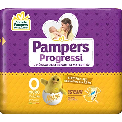 Offerta a tempo: Pampers Progressi Micro, Taglia 0 (1,5-2,5 kg), Formato Scorta, Protezione Pelli Delicate Prima Infanzia, Ultra Morbidi e Assorbenti, Linguette Rinforzate, Anti-Fuoriuscite, 24 Pannolini Neonato - 9% da 9.99 € a 9.13 €