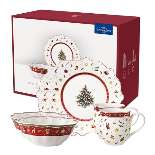 Villeroy & Boch - Toy's Delight Set da Colazione 6 Pezzi Rosso,Bianco, Stoviglie, Piatto Ceramica Natale, Scodella, Tazze, Servizio, Porcellana Premium