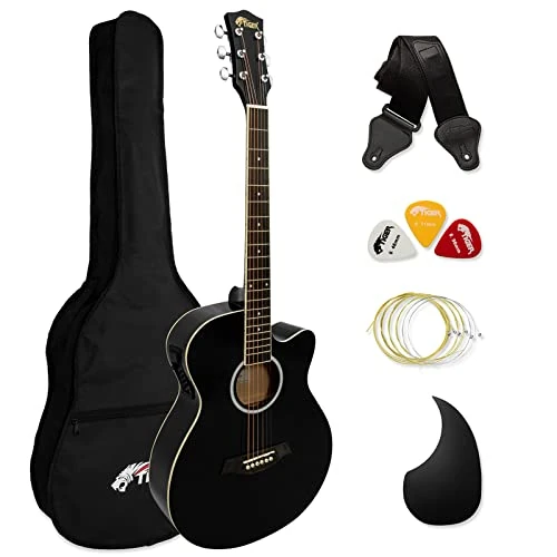 TIGER ACG4-BK Full Size Electro Acoustic Guitar for Beginners with Built-in 3-Band EQ - Package includes Gig-bag, Strap, and Spare Strings - Black - Now with Six Months FREE lessons