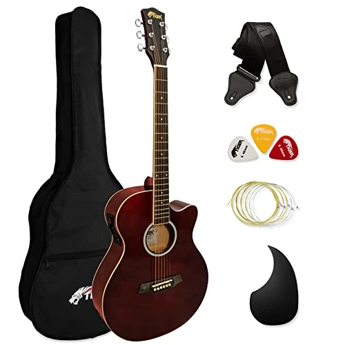 Offerta a tempo: TIGER ACG4-RD Chitarra elettroacustica 4/4 misura intera per principianti con equalizzatore a 3 bande integrato - La confezione include custodia, tracolla e corde di ricambio - Rossa - 0% da 111.53 € a 111.53 €