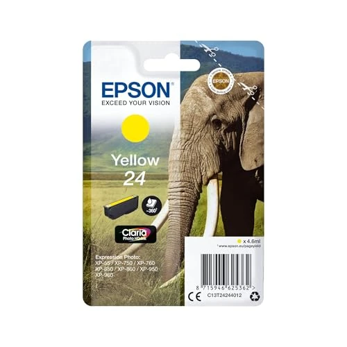 Limitiertes Angebot: Epson Original 24 Tinte Elefant (XP-750, XP-850, XP-950, XP-55, XP-760, XP-860, XP-960, XP-970), gelb von 14.99 EUR auf 14.99 EUR (Spare 0%)
