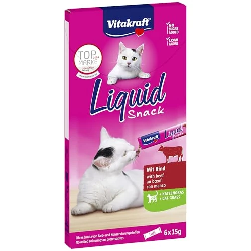 Offerta a tempo: Vitakraft Liquid Snack, snack gatto liquido, leccornie per gatti, con manzo ed erba gatta, a supporto di una flora intestinale sana, a basso tenore calorico (1 confezione con 6x 15g) - 24% da 3.02 € a 2.29 €