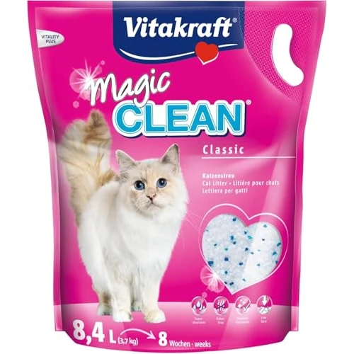 VITAKRAFT- Magic Clean Classic, Litière Non Agglomérante pour Chats, Perles Minérales, Antibactérienne, Très Peu Poussiéreuse, Dure 8 Semaines (1X 8,4L)