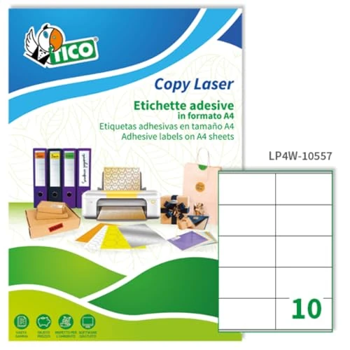 Offerta a tempo: Tico Italia LP4W-10557 Etichette adesive bianche multiuso, 100 fogli A4, rettangolari 105x57mm, 10 etichette per foglio, adesivo permanente, stampanti laser e inkjet - 0.00% da 21.64 € a 21.64 €